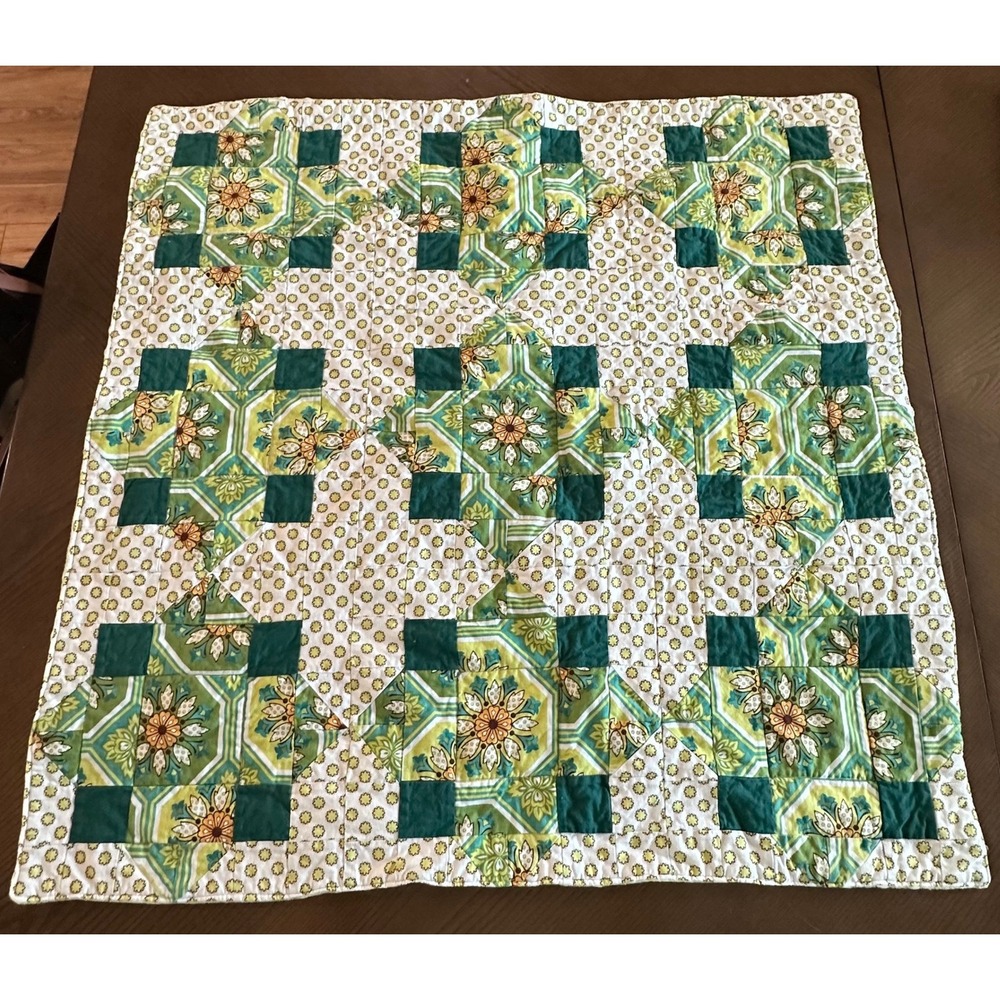 Handmade Floral Patchwork Baby Quilt Green Minky Dot Backing 34x34 Blanket